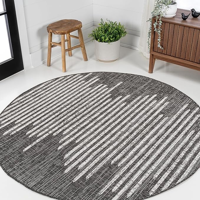 JONATHAN Y Stripe Geometric Indoor Outdoor Round Area Rug 4 Ft Black/Ivory, Zolak Berber for Backyard, Patio, Porch, Easy-Cleaning, High Traffic, Pet-Friendly, Non-Shedding (SMB124E-4R)