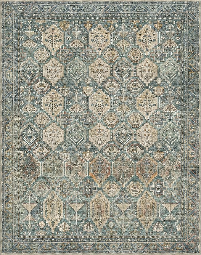 Bavni Washable Rug 8x10 Area Rug for Living Room Bedroom Dining, Washable Vintage Print Carpet, Ultra-Thin Low Pile Lightweight Rug with Non Slip Backing, Teal