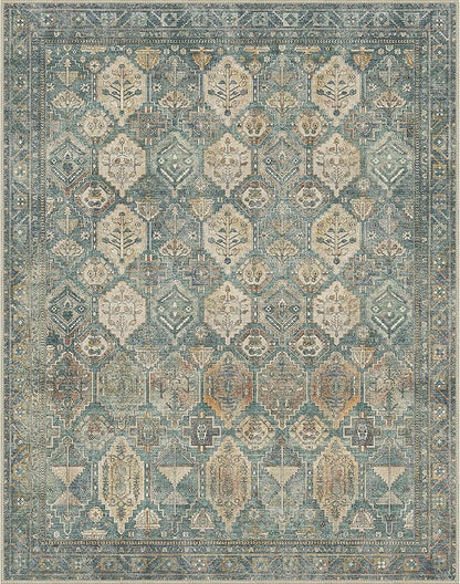 Bavni Washable Rug 8x10 Area Rug for Living Room Bedroom Dining, Washable Vintage Print Carpet, Ultra-Thin Low Pile Lightweight Rug with Non Slip Backing, Teal