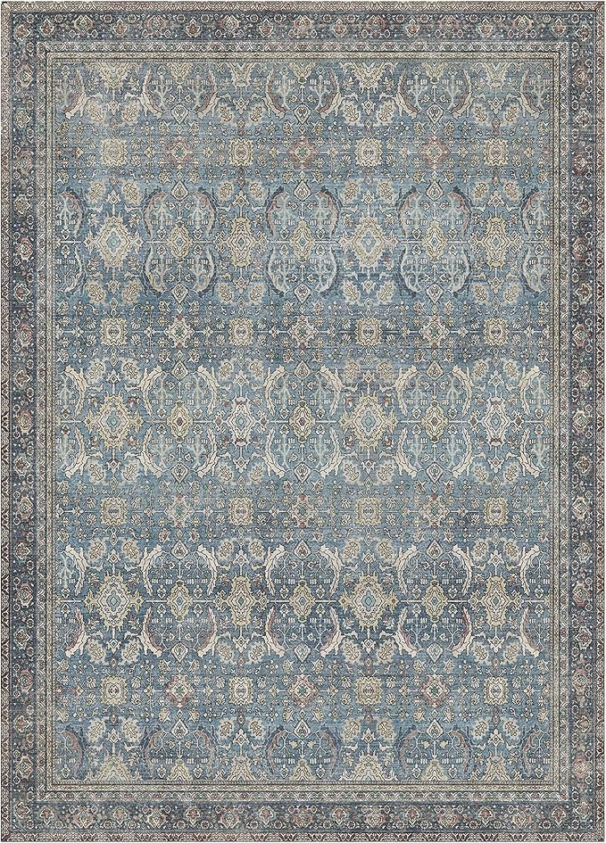 GENIMO 8x10 Area Rugs for Living Room, Machine Washable Non Slip Vintage Rugs, Low Pile Lightweight Chenille Print Rug for Bedroom, Dining Room, Home Office, Vintage Blue