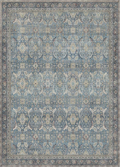 GENIMO 8x10 Area Rugs for Living Room, Machine Washable Non Slip Vintage Rugs, Low Pile Lightweight Chenille Print Rug for Bedroom, Dining Room, Home Office, Vintage Blue