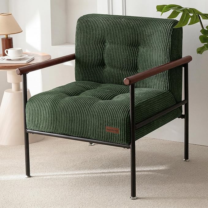 MAXYOYO Living Room Accent Chair, Modern Chair with Sturdy Metal Frame & Wood Armrests, Upholstered Reading Chair with Upholstered Cushion for Bedroom Balcony Porch, Dark Green