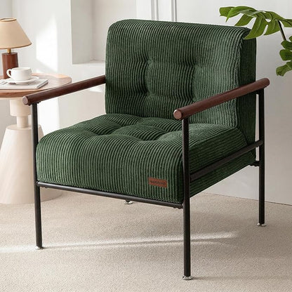 MAXYOYO Living Room Accent Chair, Modern Chair with Sturdy Metal Frame & Wood Armrests, Upholstered Reading Chair with Upholstered Cushion for Bedroom Balcony Porch, Dark Green