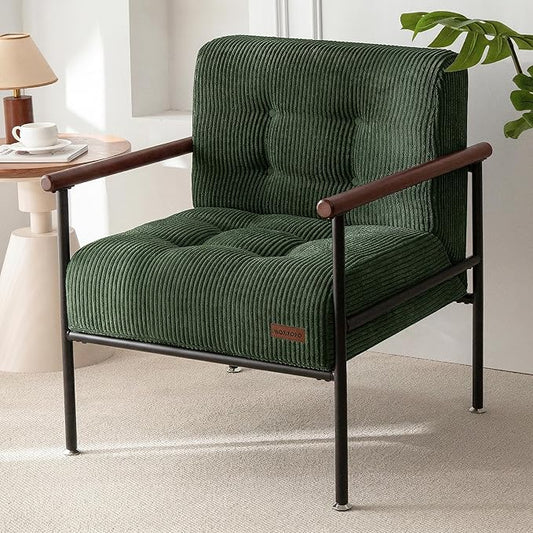 MAXYOYO Living Room Accent Chair, Modern Chair with Sturdy Metal Frame & Wood Armrests, Upholstered Reading Chair with Upholstered Cushion for Bedroom Balcony Porch, Dark Green