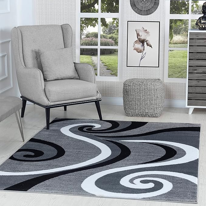 GLORY RUGS Modern Area Rug Swirls Carpet Bedroom Living Room Contemporary Dining Accent Sevilla Collection 4817 (4x6, Grey Black)