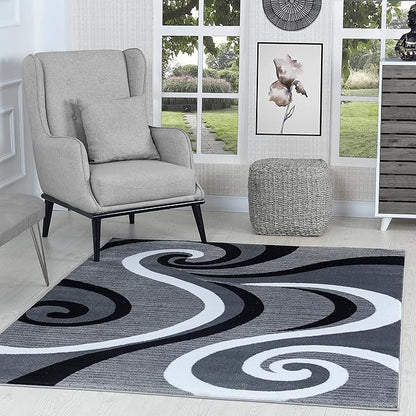 GLORY RUGS Modern Area Rug Swirls Carpet Bedroom Living Room Contemporary Dining Accent Sevilla Collection 4817 (4x6, Grey Black)