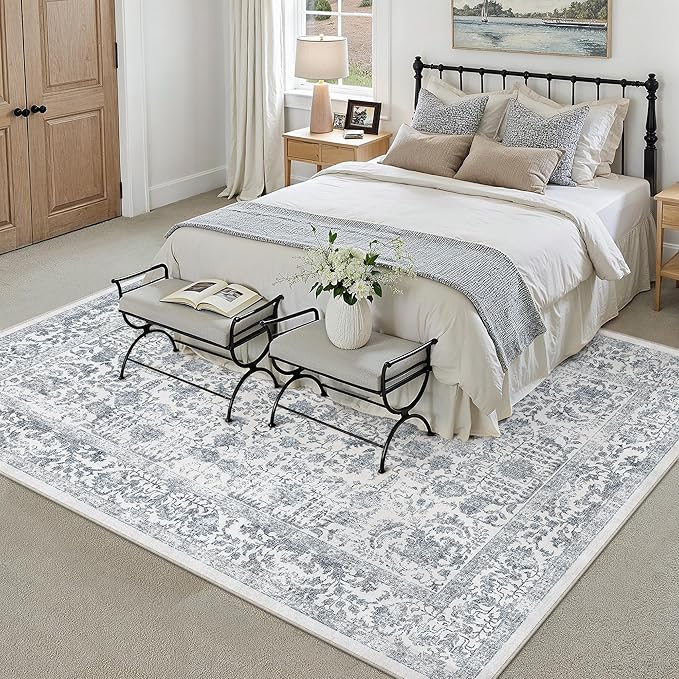 PureCozy Navy Blue Area Rug 6x9 Machine Washable Vintage Living Room Distressed Non Slip Carpet Traditional Indoor Bedroom Retro Floral Accent Throw Large Rug for Office Kitchen Dining Room