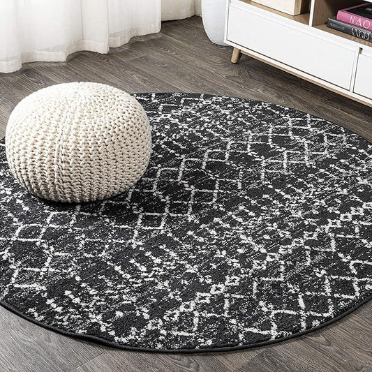 JONATHAN Y Boho Vintage Diamond Black/Ivory Round Area Rug 3 ft, Moroccan Hype for Living Room, Bedroom, Kitchen, Office, Easy-Cleaning, High Traffic, Pet-Friendly, Non-Shedding (MOH101D-3R)