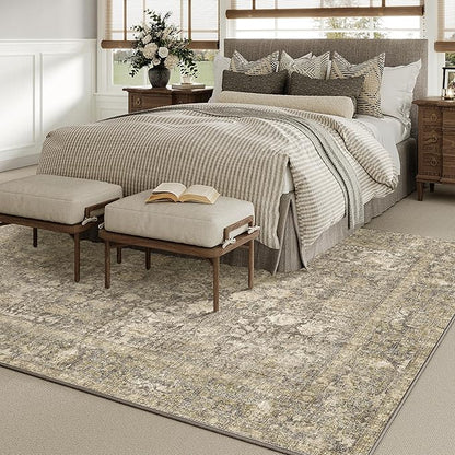 PureCozy Brown Area Rug 6x9 Machine Washable Vintage Living Room Distressed Non Slip Carpet Traditional Indoor Bedroom Retro Floral Accent Throw Large Rug for Office Kitchen Dining Room
