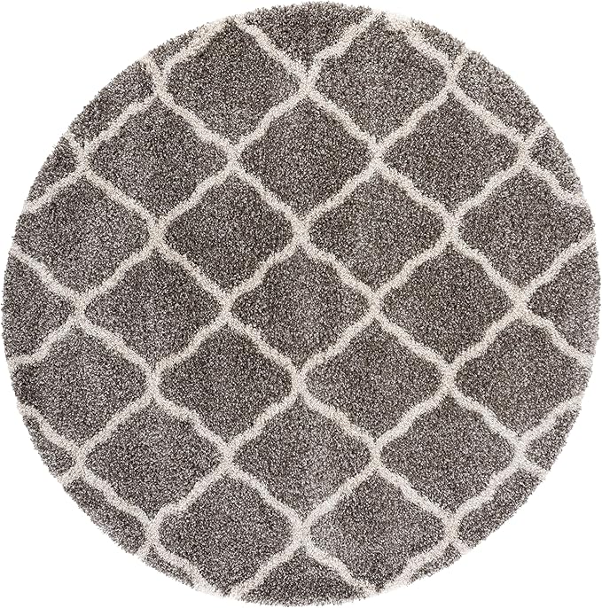 SAFAVIEH Hudson Shag Collection 7' Round Grey/Ivory SGH283B Moroccan Trellis Non-Shedding Living Room Bedroom Dining Room Entryway Plush 2-inch Thick Area Rug