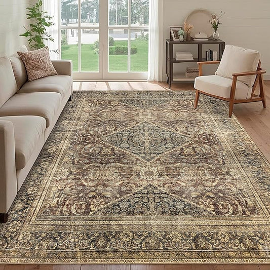 Washable 6x9 Area Rug: Vintage Brown Rugs for Living Room Bedroom Dining Room Office Indoor - Soft Non-Slip Large Carpet Home Decor - Oriental Dark Brown