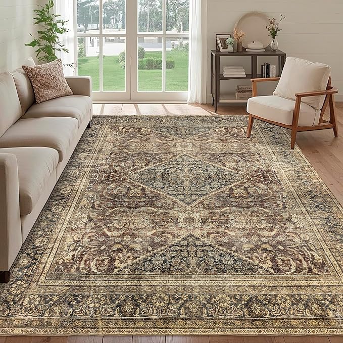 Washable 5x7 Area Rug: Vintage Brown Rugs for Living Room Bedroom Dining Room Office Indoor - Soft Non-Slip Large Carpet Home Decor - Oriental Dark Brown