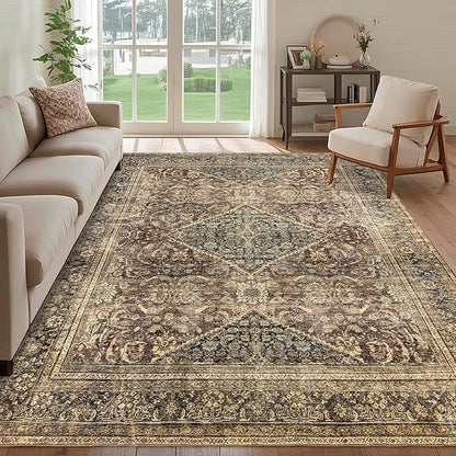 Washable 5x7 Area Rug: Vintage Brown Rugs for Living Room Bedroom Dining Room Office Indoor - Soft Non-Slip Large Carpet Home Decor - Oriental Dark Brown