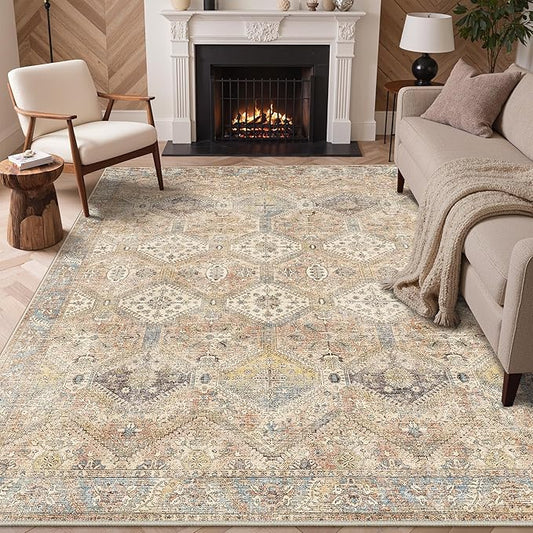 Bavni 8x10 Area Rug Washable Rug for Living Room Bedroom, Vintage Print Carpet, Low Pile Lightweight Mat with Non Slip Backing, Pale Warm Yellow