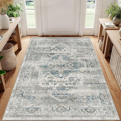 4x6 Area Rugs for Living Room, Machine Washable Non Slip Vintage Rug, Non-Slip Stain Resistant, Large Soft Home Decor Rug for Bedroom Dining Room (Blue/Grey,4'x6')
