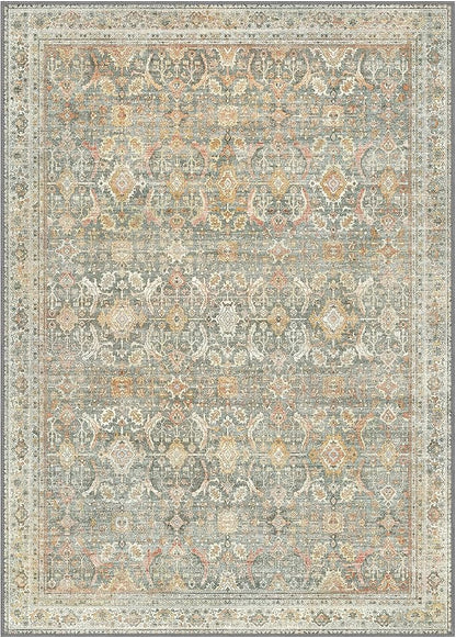 GENIMO 9x12 Area Rugs for Living Room, Machine Washable Non Slip Vintage Rugs, Low Pile Lightweight Chenille Print Rug for Bedroom, Dining Room, Home Office, Turmeric
