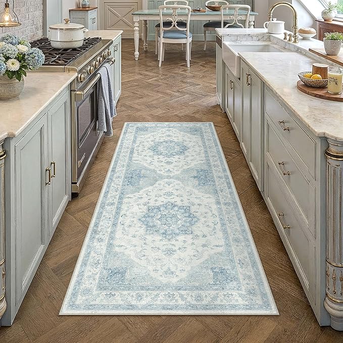PureCozy Blue Runner Rug 2x6 Washable Vintage Carpet for Hallway Kitchen Soft Retro Low Pile Thin Indoor Runner Non Slip Oriental Medallion Long Throw Rug for Bathroom Bedroom Laundry Dining Room