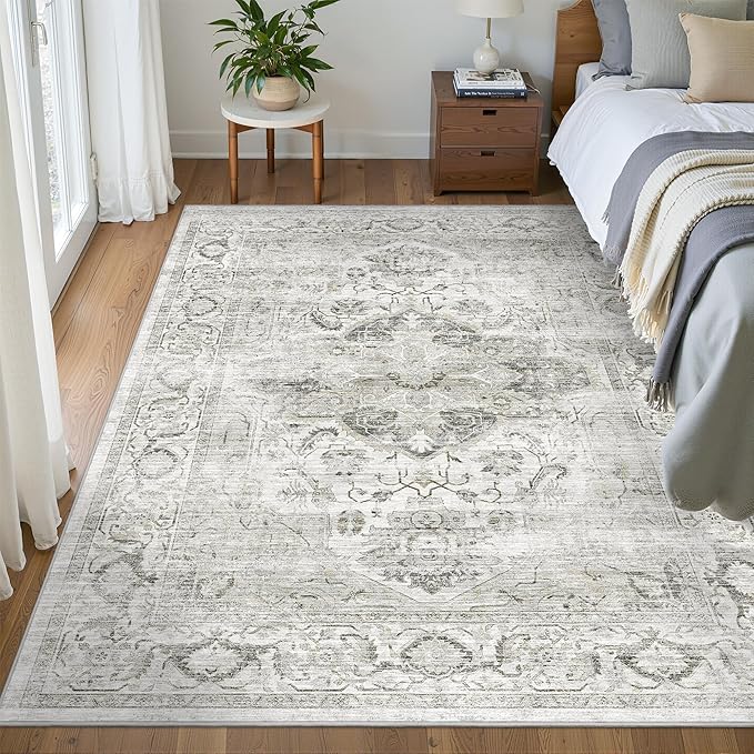 4x6 Area Rugs for Living Room, Machine Washable Non Slip Vintage Rug, Non-Slip Stain Resistant, Large Soft Home Decor Rug for Bedroom Dining Room (Ivory/Gray,4'x6')