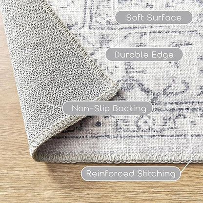 Washable Indoor Front Door Mat, Non Slip Vintage Slate Grey Blueish Gray Cream Boho Farmhouse Area Rugs 3x5 Boho Doormat for Entryway Floor Bathroom, Light Grey/Gray