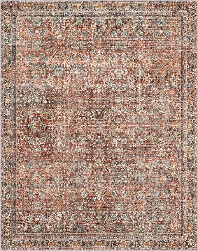 8x10 Area Rug Machine Washable Boho Rug for Living Room,Ultra-Thin Low Pile Carpet,Lightweight Indoor Printed Rug,Non Slip Floral Area Rug for Bedroom, Dining Room, Home Office,Terracotta/Indigo