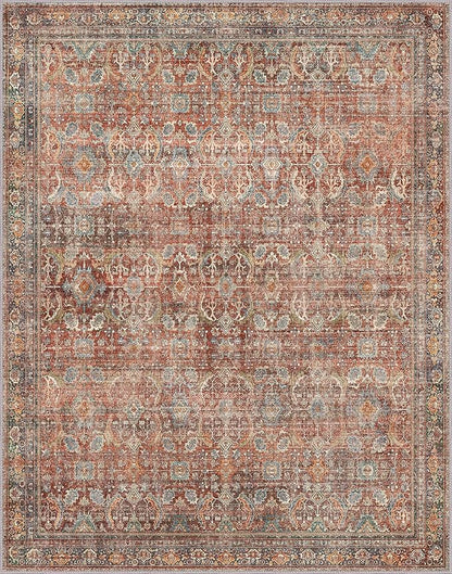 8x10 Area Rug Machine Washable Boho Rug for Living Room,Ultra-Thin Low Pile Carpet,Lightweight Indoor Printed Rug,Non Slip Floral Area Rug for Bedroom, Dining Room, Home Office,Terracotta/Indigo