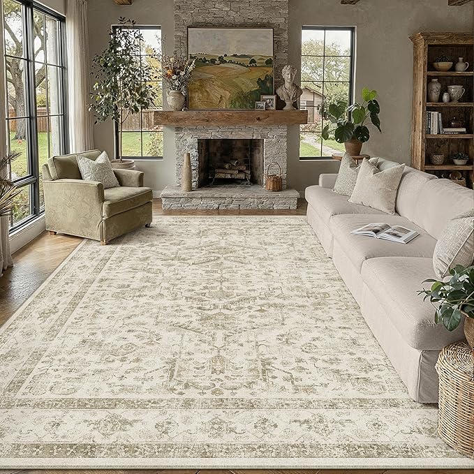 PureCozy Taupe 8x10 Area Rug Vintage Washable Living Room Carpet Non Slip Bedroom Indoor Office Low Pile Large Traditional Distressed Retro Accent Rug for Dining Room Bathroom Kitchen