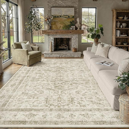 PureCozy Taupe 8x10 Area Rug Vintage Washable Living Room Carpet Non Slip Bedroom Indoor Office Low Pile Large Traditional Distressed Retro Accent Rug for Dining Room Bathroom Kitchen