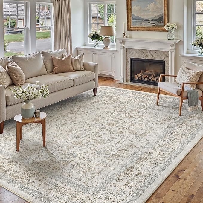 PureCozy Taupe Area Rug 8x10 Machine Washable Large Vintage Living Room Distressed Non Slip Carpet Traditional Indoor Bedroom Retro Floral Accent Throw Rug for Office Kitchen Dining Room