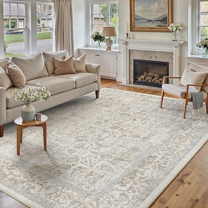PureCozy Taupe Area Rug 8x10 Machine Washable Large Vintage Living Room Distressed Non Slip Carpet Traditional Indoor Bedroom Retro Floral Accent Throw Rug for Office Kitchen Dining Room