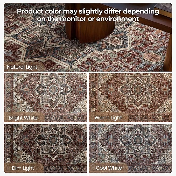 2x3 Washable Small Front Door Maroon with Vintage Orient Design, Soft Rug for Entryway or Kitchen, Non-Slip Low Pile Stain Resistance Features, Distressed Medallion Pattern