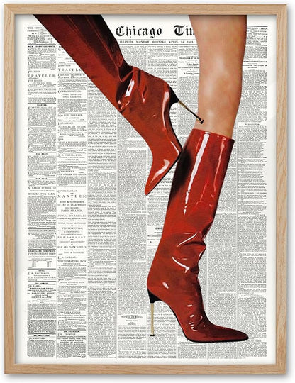 EcoHest Small Trendy Newspaper Red Boots Framed Wall Art, 8x10 in OAK Wood Fashion Icon Canvas Wall Art, Magazine Home Decor, Beige Logs Retro Set of 1 for Bedroom Living Room