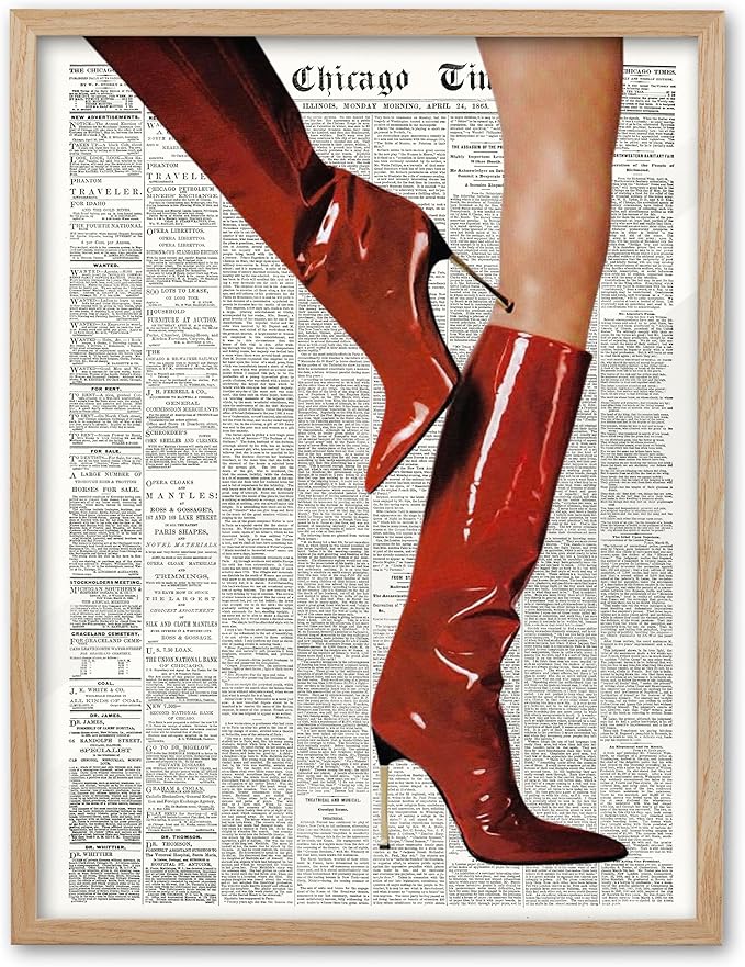EcoHest Trendy Newspaper Red Boots Framed Wall Art, 16x20 in Large OAK Wood Fashion Icon Canvas Wall Art, Magazine Home Decor, Beige Logs Retro Set of 1 for Bedroom Living Room