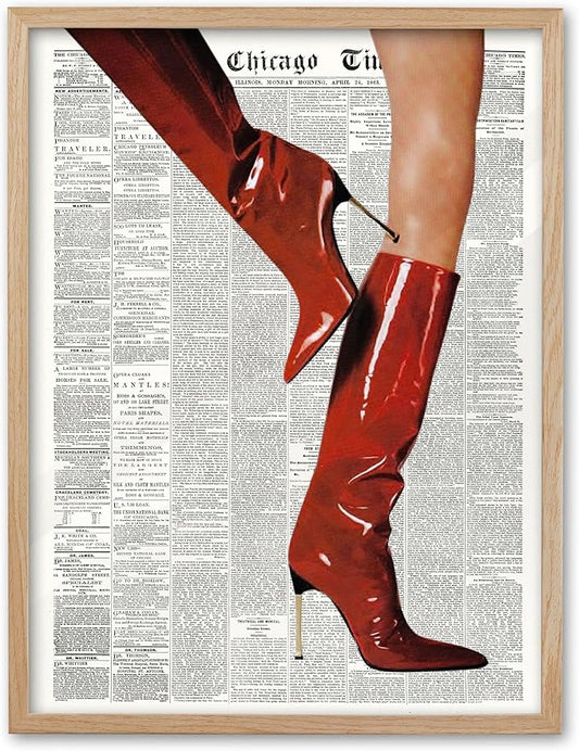 EcoHest Trendy Newspaper Red Boots Framed Wall Art, 16x20 in Large OAK Wood Fashion Icon Canvas Wall Art, Magazine Home Decor, Beige Logs Retro Set of 1 for Bedroom Living Room