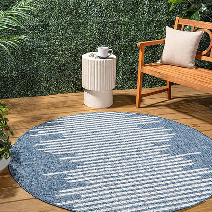 JONATHAN Y Stripe Geometric Indoor Outdoor Round Area Rug 6 Ft Blue/Ivory, Zolak Berber for Backyard, Patio, Porch, Easy-Cleaning, High Traffic, Pet-Friendly, Non-Shedding (SMB124C-6R)