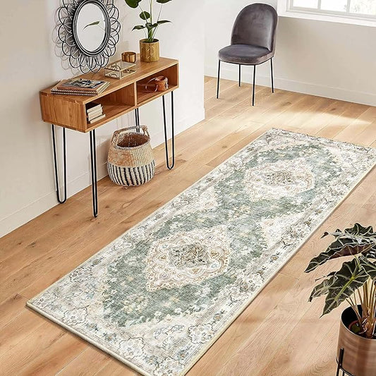 MUJOO Hallway Runner Rug - Machine Washable Non Slip Boho Green Runner for Hallways, Entryway, Kitchen, Bathroom, Bedside - Retro Soft Low-Pile 2'x6' Blossom.