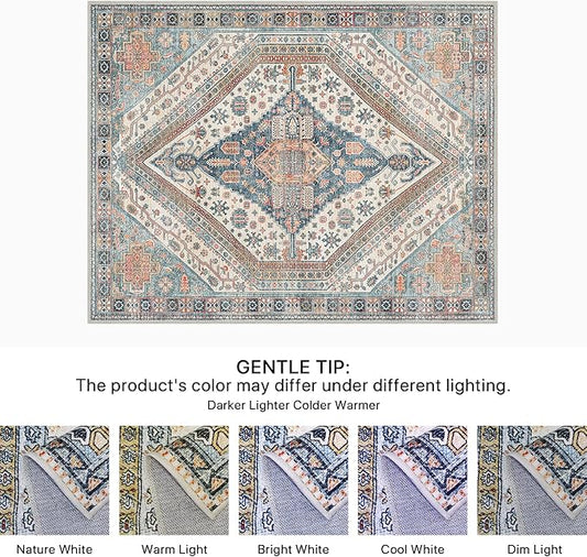 Bavni Kitchen Rug 2x5 Runner Rugs for Hallways Entryway, Washable Vintage Print Carpet, Ultra-Thin Chenille Low Pile Lightweight Rug with Non Slip Backing, Blue/Orange