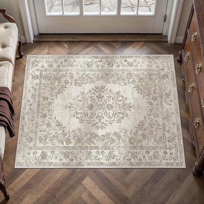 PureCozy 2x3 Area Rug Beige Washable Entryway Door Mat Indoor Vintage Medallion Floral Carpet Kitchen Bathroom Distressed Entrance Retro Small Non Slip Accent Throw Bedroom Office Dining Living Room