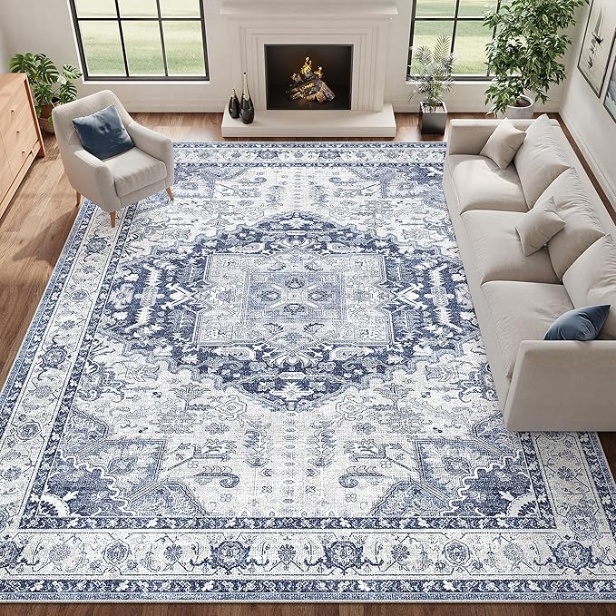 9x12 Area Rugs for Living Room, Machine Washable Non Slip Vintage Rug, Non-Slip Stain Resistant, Large Soft Home Decor Rug for Bedroom Dining Room (Navy/Blue,9'x12')
