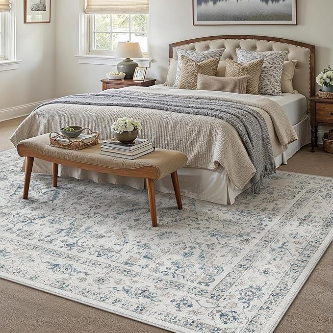 PureCozy Blue 6x9 Area Rug Vintage Washable Living Room Carpet Non Slip Bedroom Indoor Office Low Pile Large Traditional Distressed Retro Accent Rug for Dining Room Bathroom Kitchen