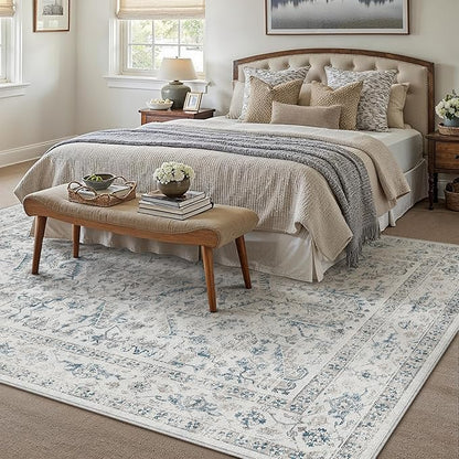 PureCozy Blue 6x9 Area Rug Vintage Washable Living Room Carpet Non Slip Bedroom Indoor Office Low Pile Large Traditional Distressed Retro Accent Rug for Dining Room Bathroom Kitchen