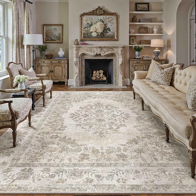 PureCozy 7x10 Area Rug Beige Washable Vintage Distressed Living Room Carpet Large Bedroom Indoor Medallion Floral Non Slip Retro Throw Floor Mat for Office Dining Room Kitchen Bathroom
