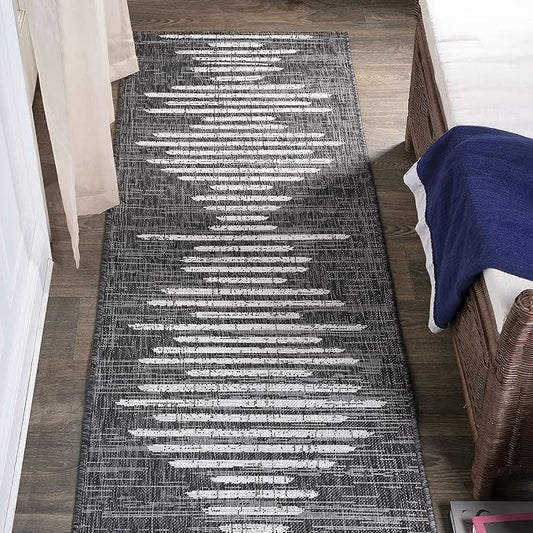 JONATHAN Y Stripe Geometric Indoor Outdoor Runner Rug 2X10 Black/Ivory, Zolak Berber for Backyard, Patio, Porch, Easy-Cleaning, High Traffic, Pet-Friendly, Non-Shedding (SMB124E-210)