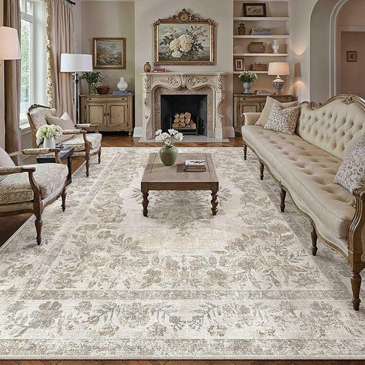 PureCozy 10x12 Area Rug Beige Washable Vintage Distressed Living Room Carpet Large Bedroom Indoor Medallion Floral Non Slip Retro Throw Floor Mat for Office Dining Room Kitchen Bathroom