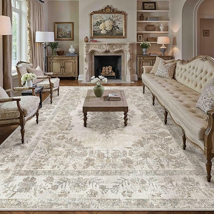 PureCozy 10x14 Area Rug Beige Washable Vintage Distressed Living Room Carpet Large Bedroom Indoor Medallion Floral Non Slip Retro Throw Floor Mat for Office Dining Room Kitchen Bathroom