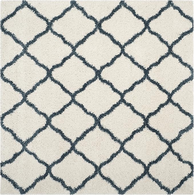 SAFAVIEH Hudson Shag Collection 7' Square Ivory / Slate Blue SGH283T Moroccan Trellis Non-Shedding Living Room Bedroom Dining Room Entryway Plush 2-inch Thick Area Rug