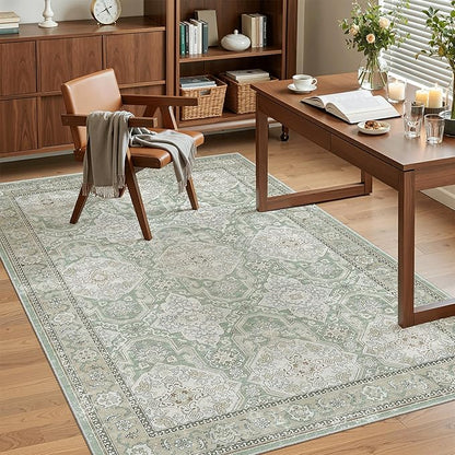Soalmost 3x5 Rug, Small Area Rug for Kitchen, Entryway, Machine Washable Non-Slip Throw Rug, Vintage Carpet for Nursery Coffee Table Green/Brown