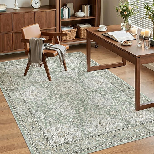 Soalmost 4x6 Area Rugs for Living Room, Vintage Washable Rugs for Dining Room, Bedroom, Home Office Decor, Non-Slip Green/Brown Carpet Thin Rug
