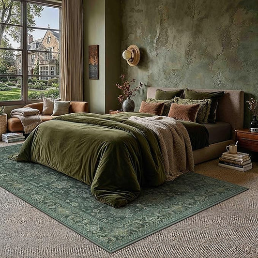 9x12 Washable Area Rug for Living Room Bedroom Vintage Green Non Slip Carpet Traditional Retro Soft Low Pile Large Throw Rug for Dining Room Kitchen Office Indoor