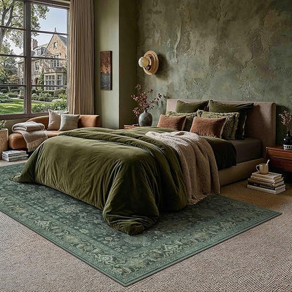 8x10 Washable Area Rug for Living Room Bedroom Vintage Green Non Slip Carpet Traditional Retro Soft Low Pile Large Throw Rug for Dining Room Kitchen Office Indoor