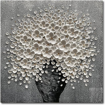 100% Hand-Painted White Flower Art Oil Painting, Modern Home Furnishing Canvas Painting Decoration, 3D Abstract Mural Painting,24x24 inch Frame Wall Art Hanging